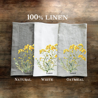 Tansy Tea Towel in linen, floral Hand Towels Tea, botanical Floral Dish Towel, yellow flower Kitchen Décor Tea Towel