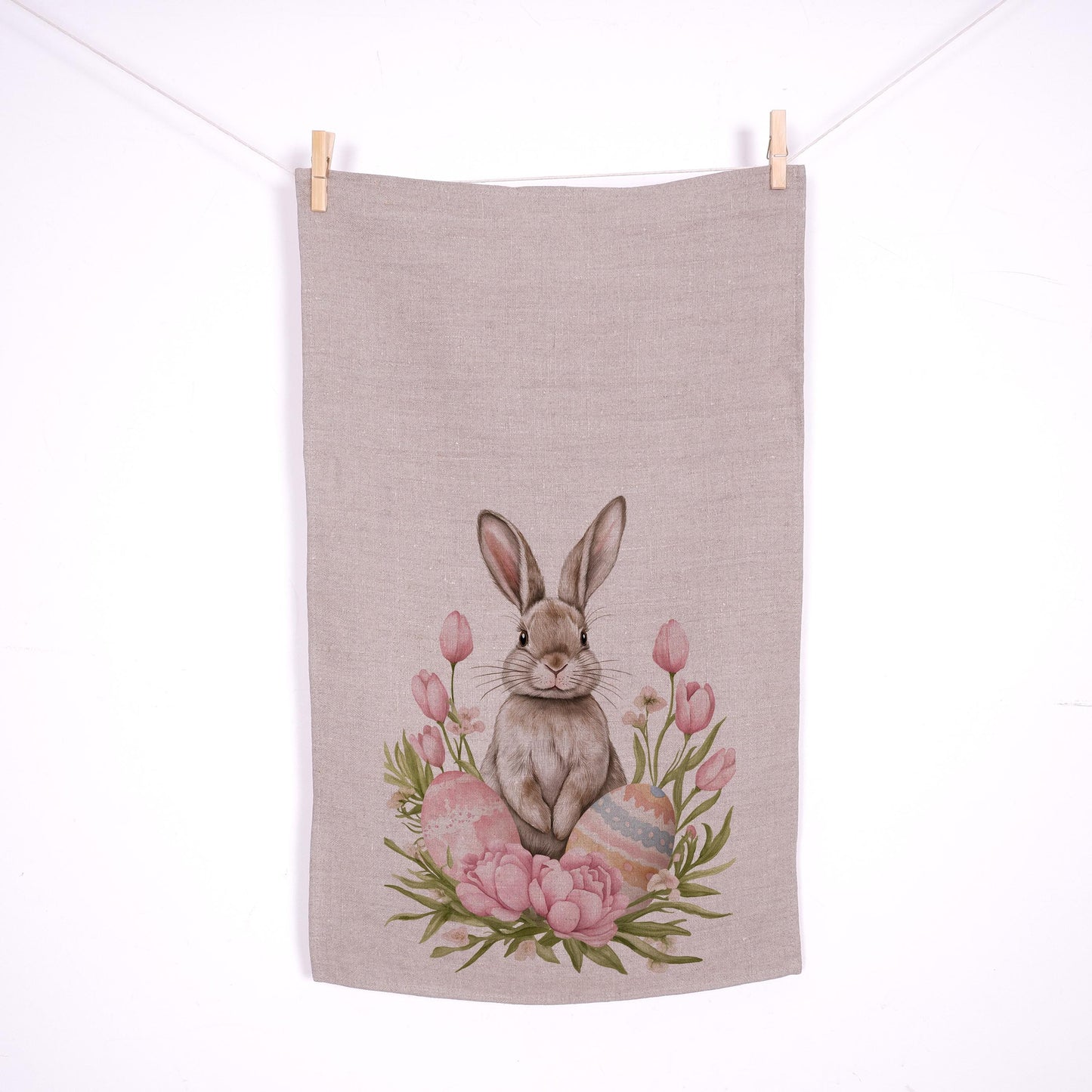 Bunny Floral Tea Towel in linen - rabbit with four clover Hand Towels Tea - Farmhouse Floral Dish Towel - Easter Décor Kitchen Tea Towel