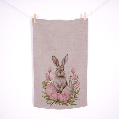 Bunny Floral Tea Towel in linen - rabbit with four clover Hand Towels Tea - Farmhouse Floral Dish Towel - Easter Décor Kitchen Tea Towel