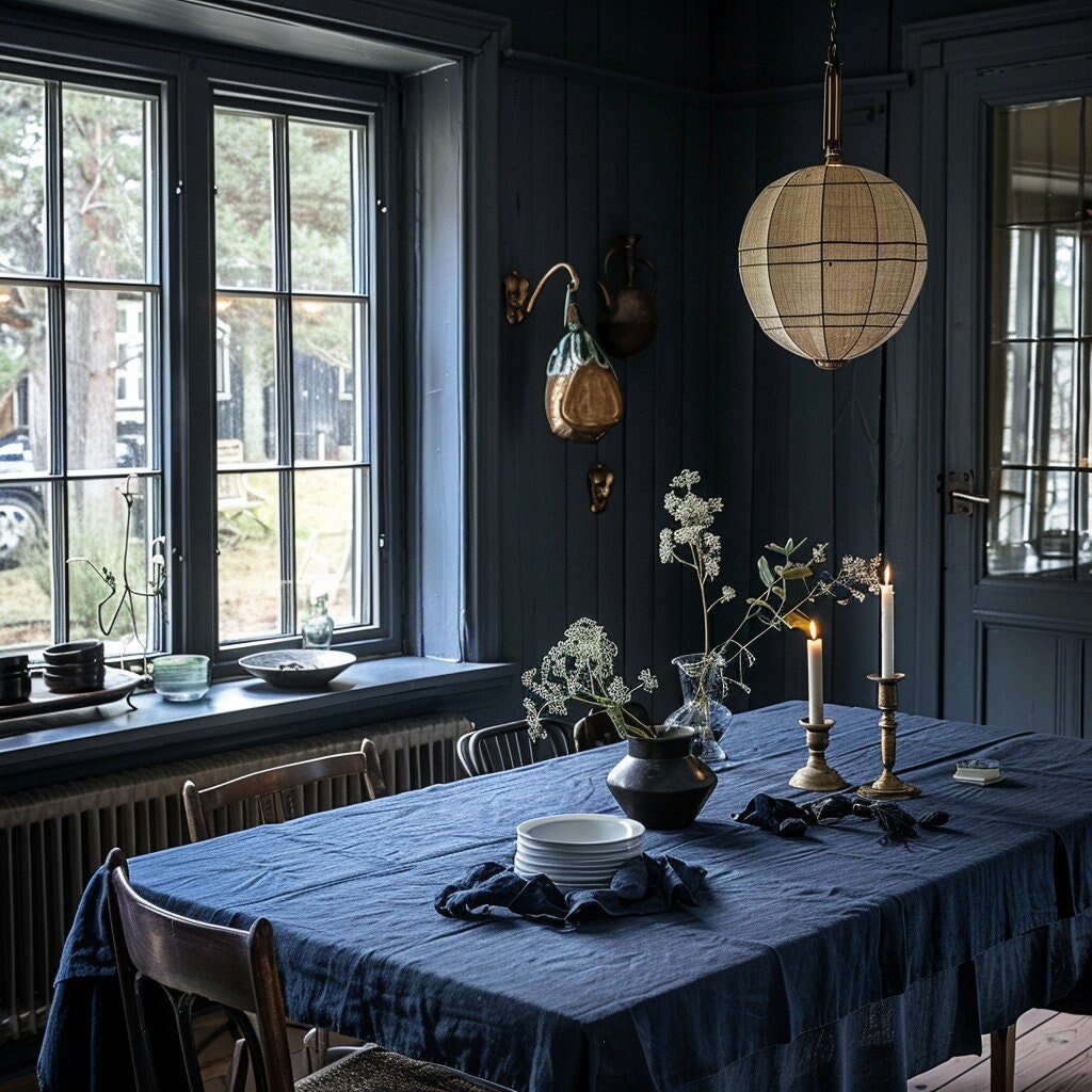 navy blue linen tablecloth in custom size