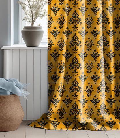 Designer Mustard yellow Floral Linen curtains, black yellow mustard Boho cautain panel, Farmhouse Block printed curtains for living room