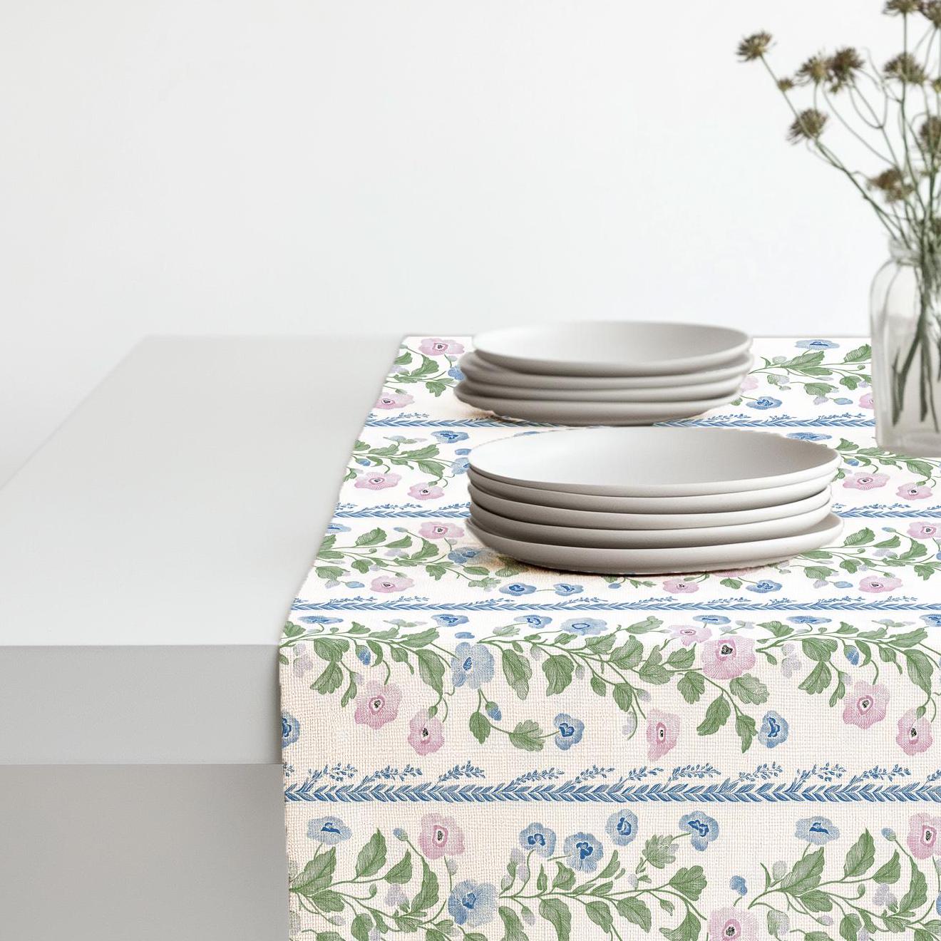 Floral stripe Linen runner - french block print linen hippie vibe - pink green blue Rustic linen Cottage farmhouse country style