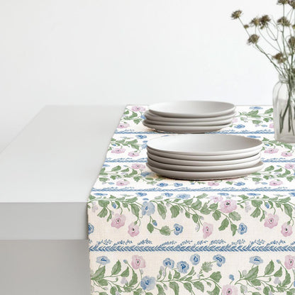 Floral stripe Linen runner - french block print linen hippie vibe - pink green blue Rustic linen Cottage farmhouse country style