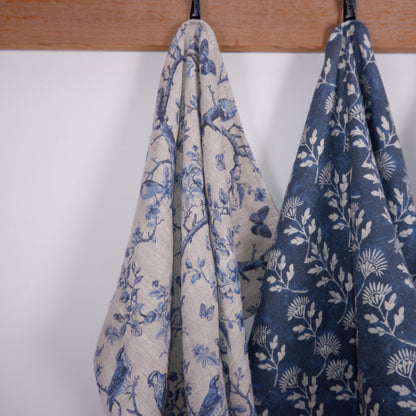 French Tea Towel in linen with toile de jouy print Birds and Butterflies, floral Hand Tea Dish Towel Kitchen Décor Tea Towel