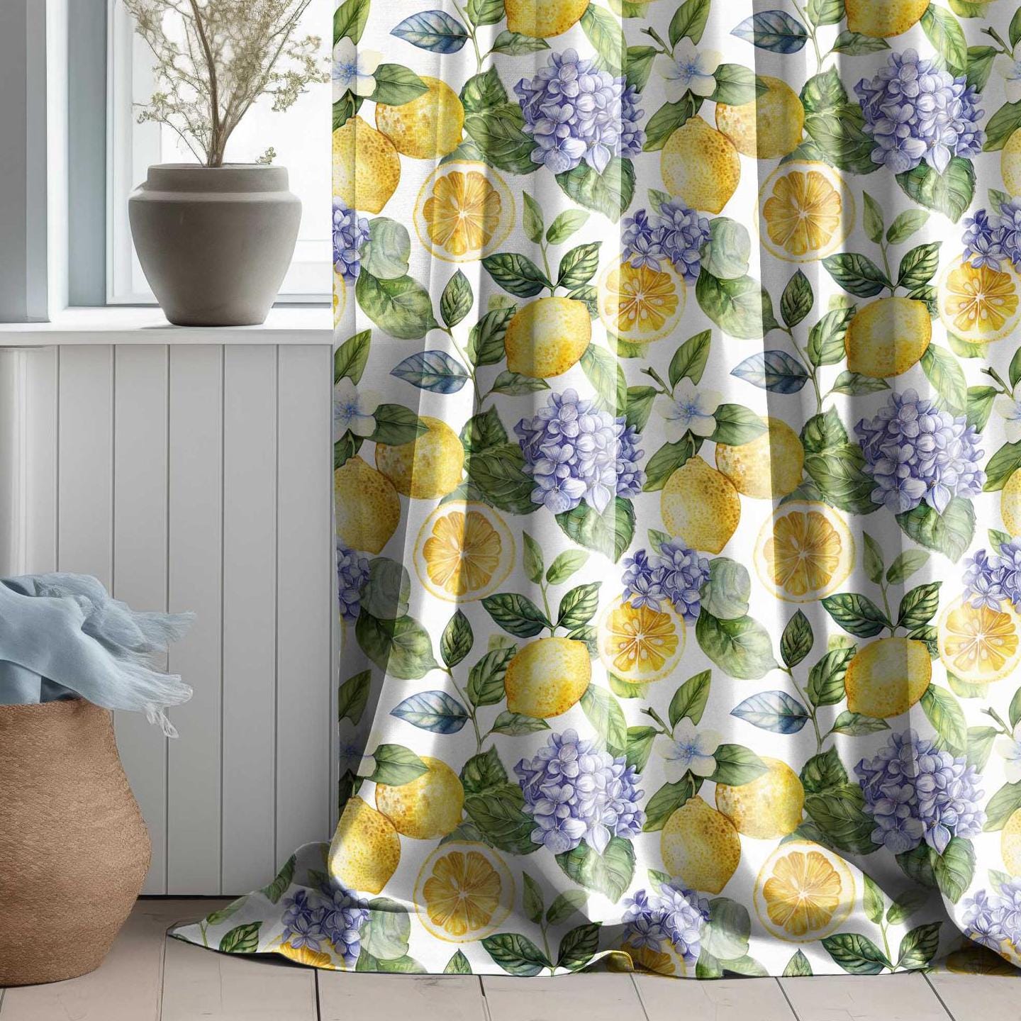 Floral Curtain Panel Lemon and Hydragena, Floral Botanical Print Curtains Panels in custom size, Botanical Curtains for living room