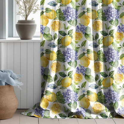 Floral Curtain Panel Lemon and Hydragena, Floral Botanical Print Curtains Panels in custom size, Botanical Curtains for living room