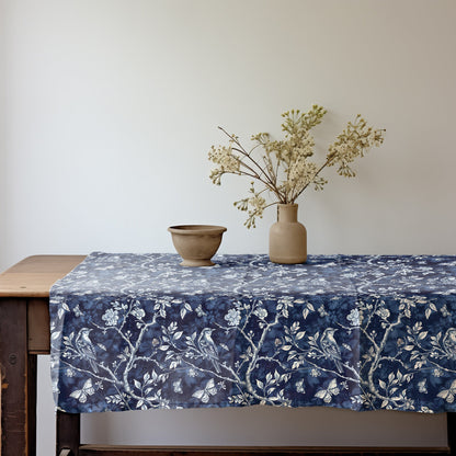 Designer blue Floral Linen tablecloth Toile de jouy blue white