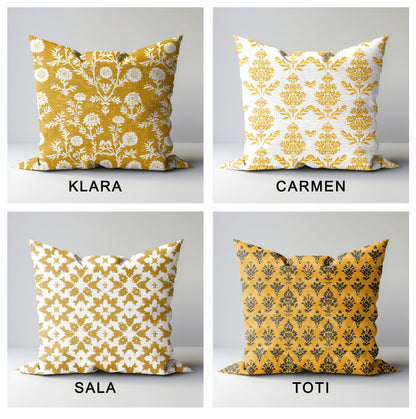 Designer Mustard yellow Floral on Linen Pillow Cover, white yellow mustard Boho Pillow, Farmhouse Floral Block printed pillow on flax