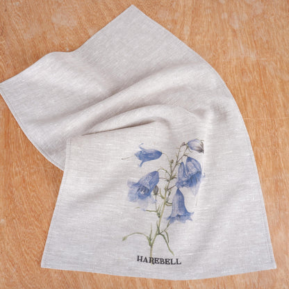 Harebell Tea Towel in linen, floral Hand Towels Tea, botanical Floral Dish Towel, purple flower Kitchen Décor Tea Towel