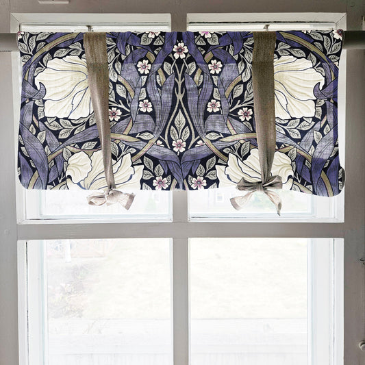 Linen curtains valance with tie up William Morris Pimpernel, farmhouse kitchen curtains in natural, door curtains with ties in custom size