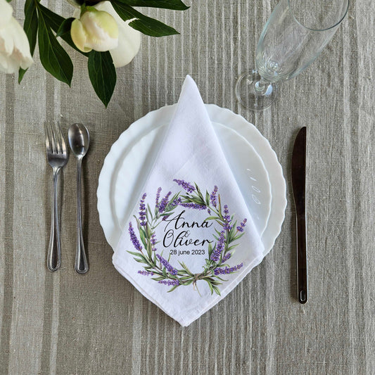 Custom Design White Cloth Cocktail Napkins with lavender wreath, luxury weddings menu napkins in linen, Custom Names Napkins