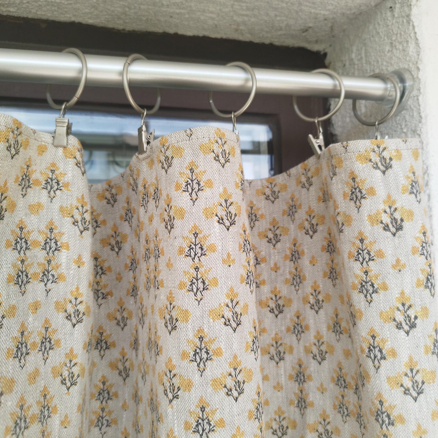 Curtains 100% Linen with indian block print yellow pattern PREWASHED. kitchen Living room farmhouse linen window panel