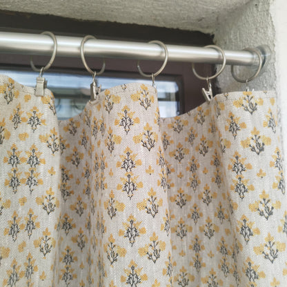 Curtains 100% Linen with indian block print yellow pattern PREWASHED. kitchen Living room farmhouse linen window panel