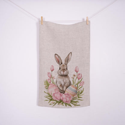 Bunny Floral Tea Towel in linen - Blue rabbit Hand Towels Tea - Farmhouse Floral Dish Towel - Kitchen Décor Easter Kitchen Tea Towel