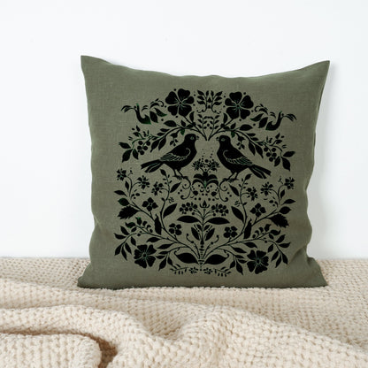 SALE LINEN Cushion cover Nordic folk art , decorative linen pillow cover , Floral Summer Woodland decor Cushion Housewarming Gift,