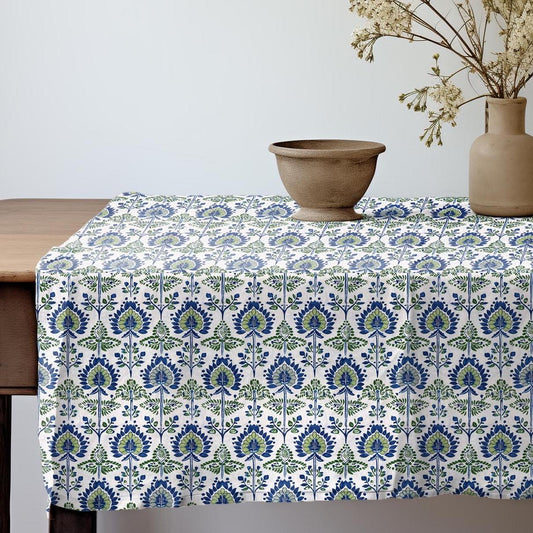 Designer White blue Linen tablecloth / Holiday Tablecloth French Table Cover in Block Printed Floral Dinning Elegant Decoration