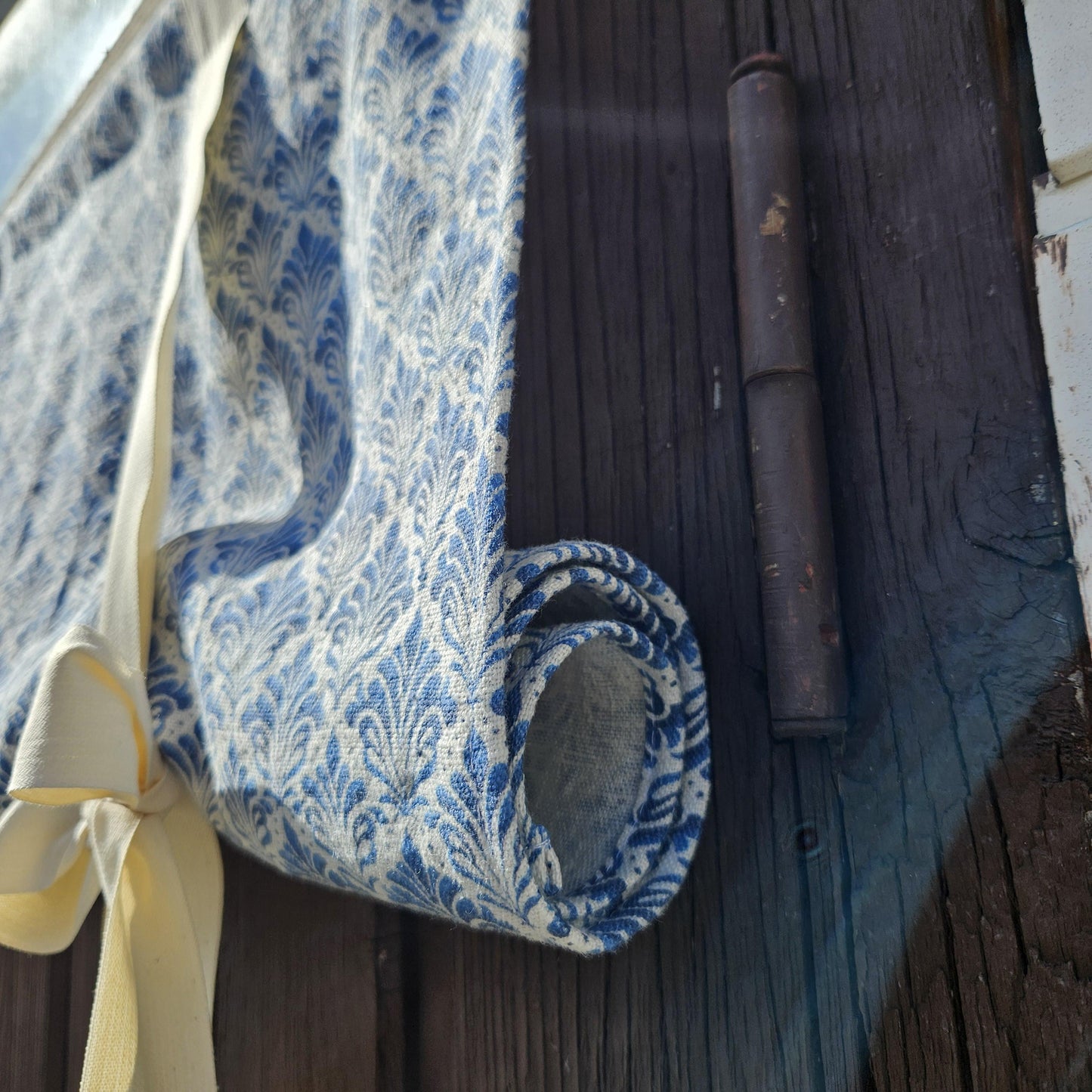 Linen curtains valance with tie up Blue white block print -  Nautical farmhouse kitchen door curtains  in custom size with print