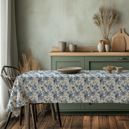 100% Linen tablecloth Blue Coastal with octopus print - French Coastal Vintage table cloth - Nautical indigo Blue Toile de jouy linen