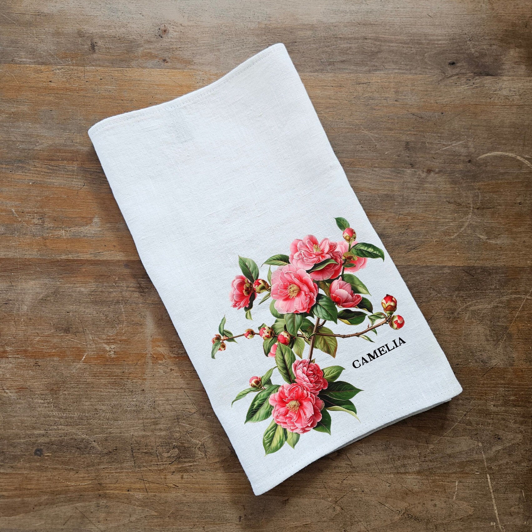 camelia kitchen linen towel , floral botanical tea towel in white linen with camelia print