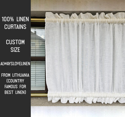 White linen Cafe Curtains in sheer linen, kitchen curtains with top and bottom rod pocket Farmhous window panel, window curtain custom size