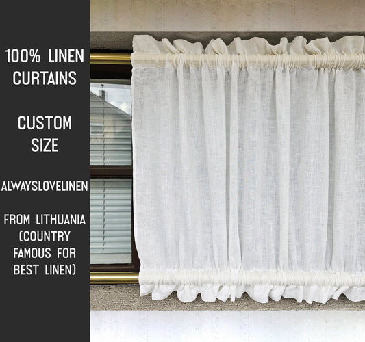 White linen Cafe Curtains in sheer linen, kitchen curtains with top and bottom rod pocket Farmhous window panel, window curtain custom size