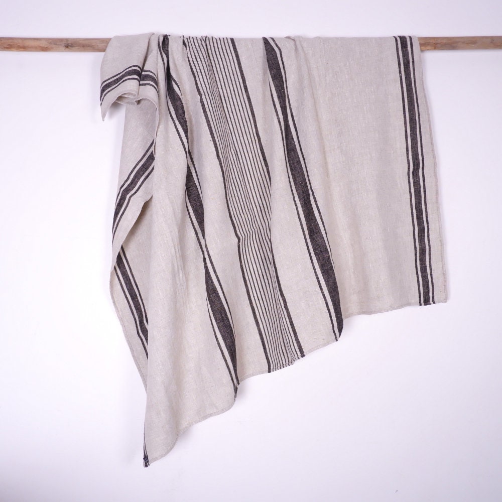 Stonewashed  Natural Blanket Bedspread Bed Cover - striped flax - provence cottage coutrystyle Throw Alwayslovelinen 100% Linen