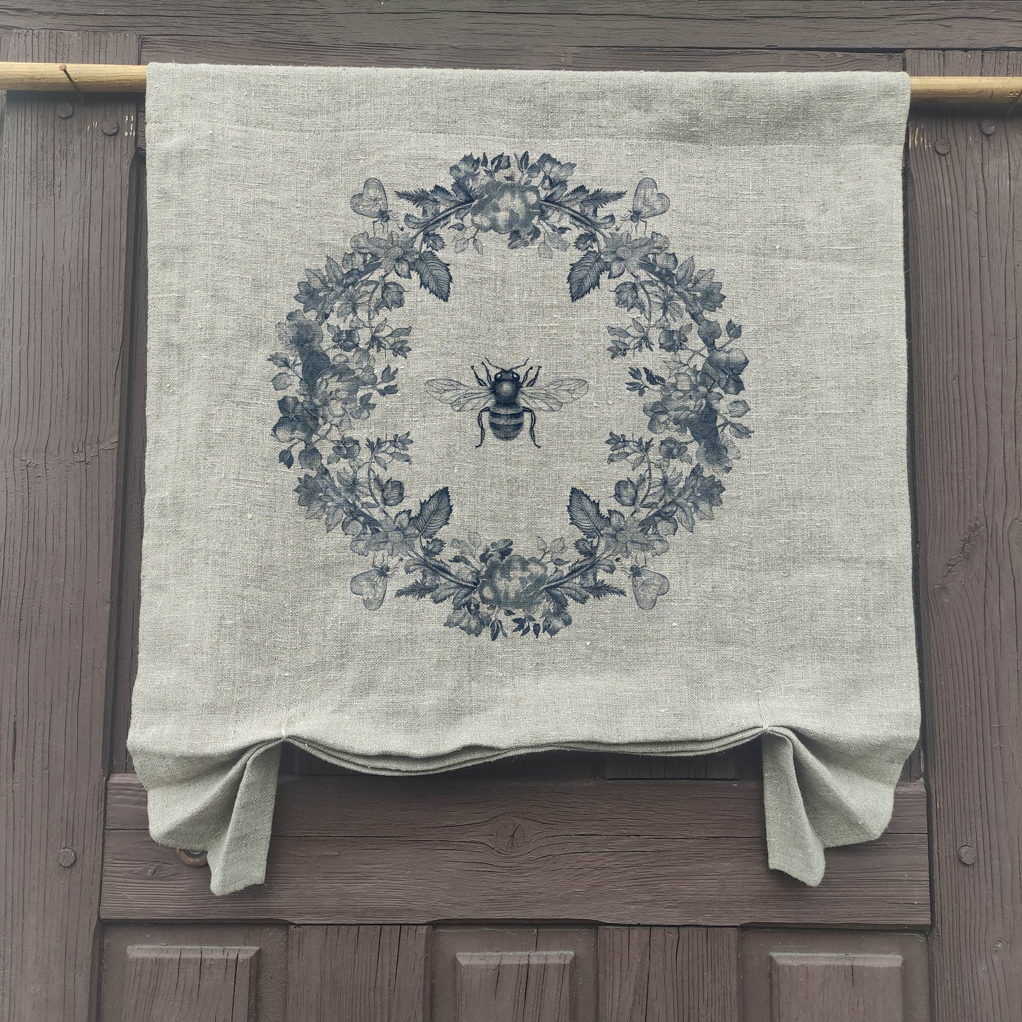 natural French Door Valance 1 Panel with bee with floral wreath stamp, curtain panels for door window in linen for rustic farmhouse style