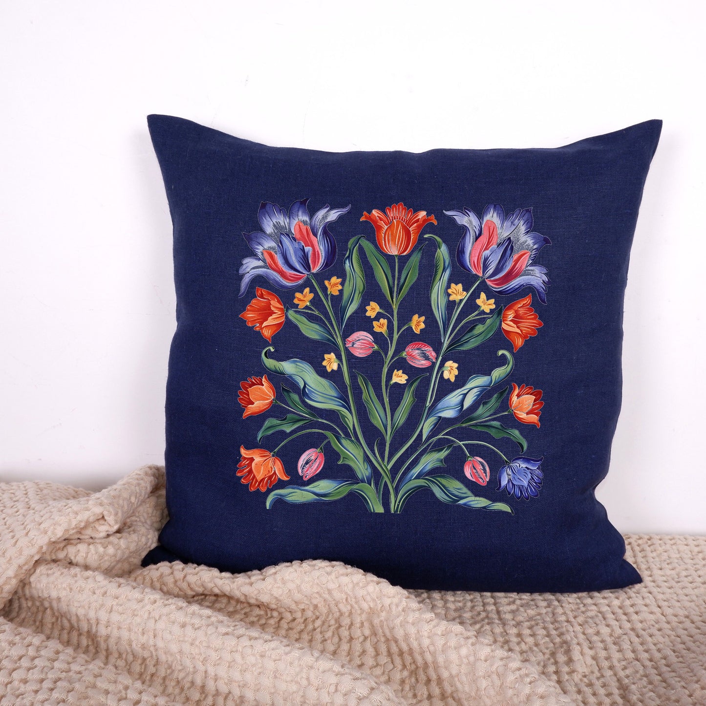 SALE LINEN Cushion cover with tulips print , decorative linen pillow cover with folk art print , Floral Housewarming Gift