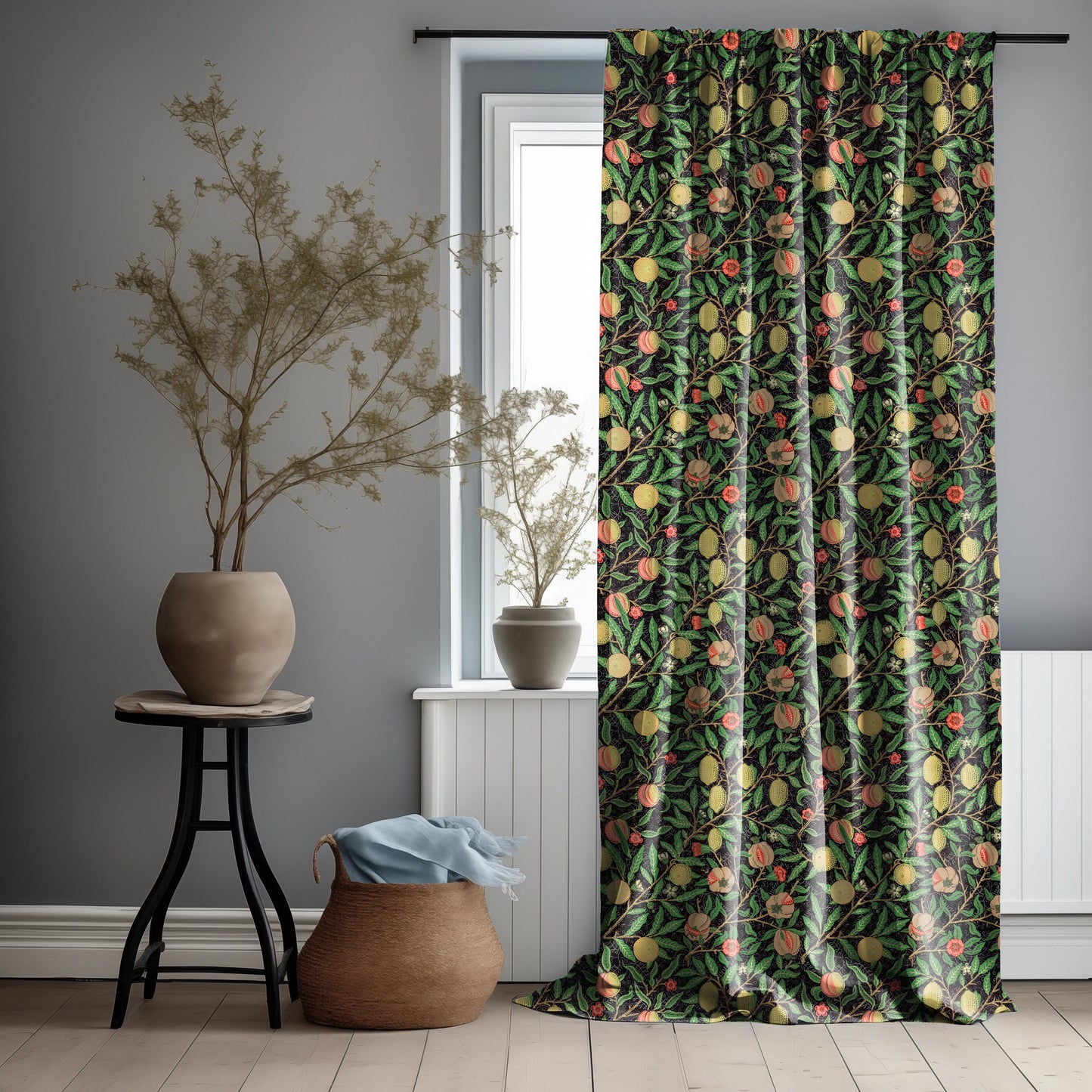 William Morris Curtain Panel Pomegranate, Floral Botanical Blue Print Curtain Panels,  Victorian Art and Crafts Curtains for living room