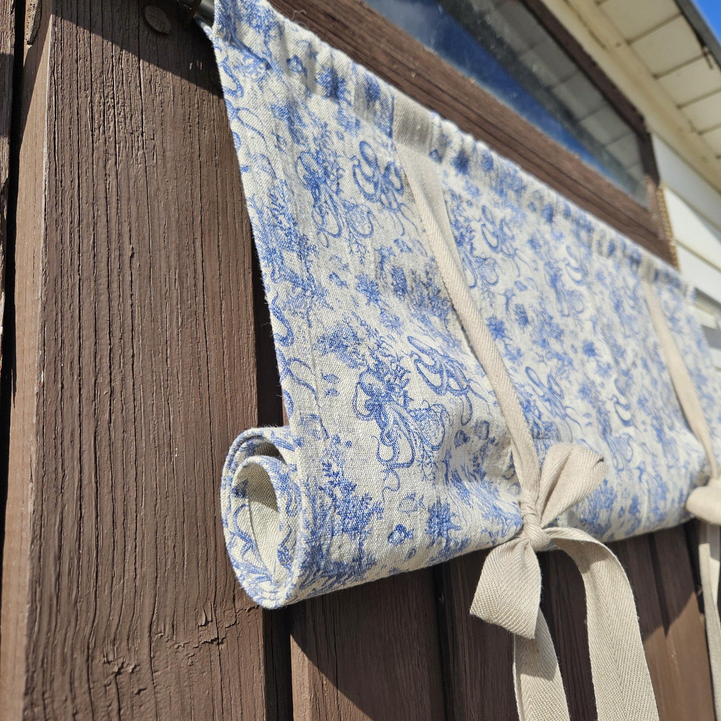 Linen curtains valance with tie up Octopus print -  Nautical farmhouse kitchen door curtains  in custom size with print
