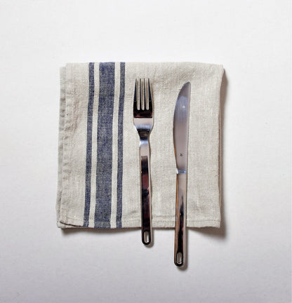Linen napkins French linen. Natural - navy blue striped Cottage, coutry style linen. Set of linen napkins. Stonewashed. Linen cloth napkins.