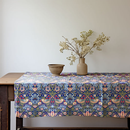 Linen foral tablecloth with birds, william Morris strawberry thief tablecloth, arts and crafts movement tablecloth