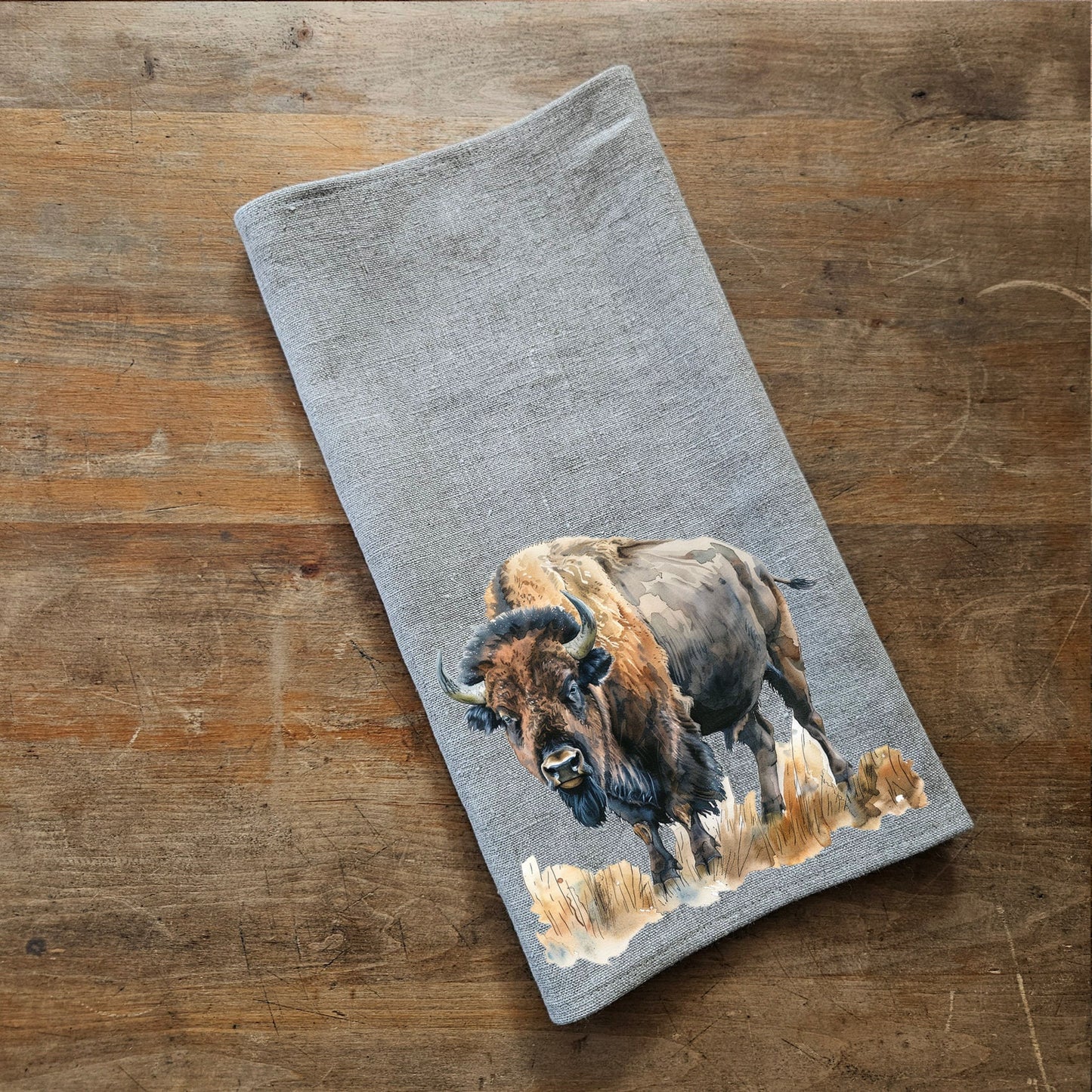 Buffalo Tea Towel in linen, Bison hand Towels Tea in linen,  pets Dish Towel  Kitchen Décor Tea Towel in linen