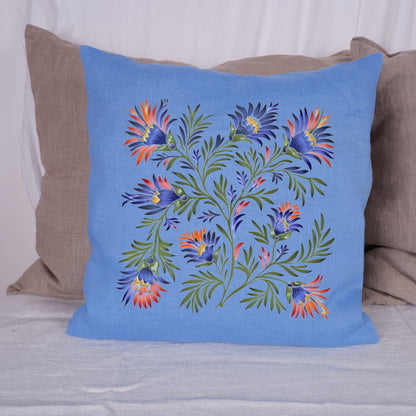 SALE LINEN Cushion cover with botanical print , decorative linen pillow cover with folk art print , Floral Housewarming Gift