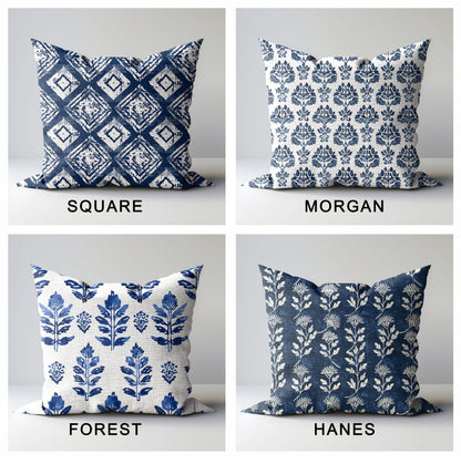 Modern indigo linen Floral Pillow Cover, white blue Boho Pillow block print on linen, Coutrynome block printed pillow case in European flax