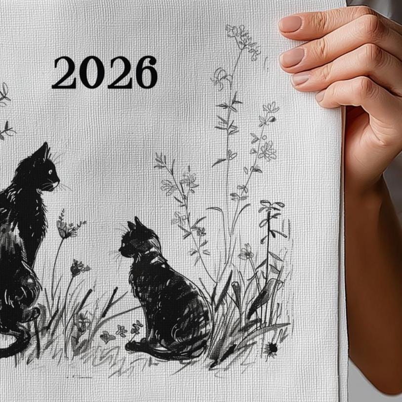 2026 Calendar Tea Towel - Cat in meadow - Home Sweet Home Linen Canvas Tea Towel - 100% linen kitchen towels