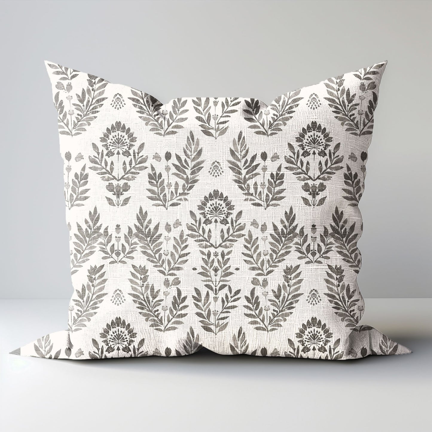 Modern grey linen Floral Pillow Cover, neutral Boho Pillow block print on linen, Coutrynome block printed pillow case in European flax