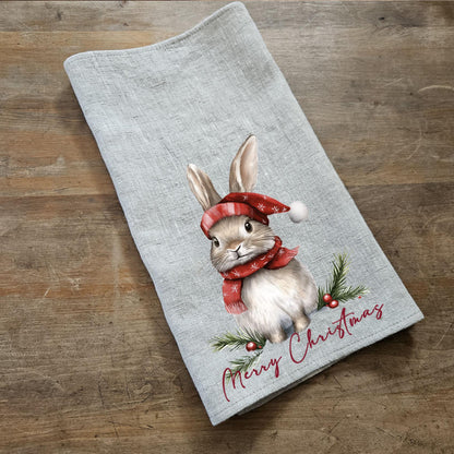 Christmas bunny Tea Towel in linen, Holiday decor hand Towels Tea in linen, Merry Christmas Dish Towel Kitchen Décor Tea Towel in linen
