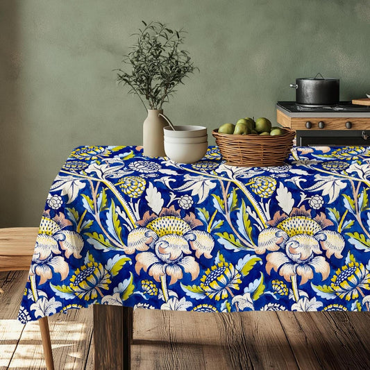 Linen tablecloth floral blue - William Morris Wey table cloth - English heritage Victorian arts and crafts