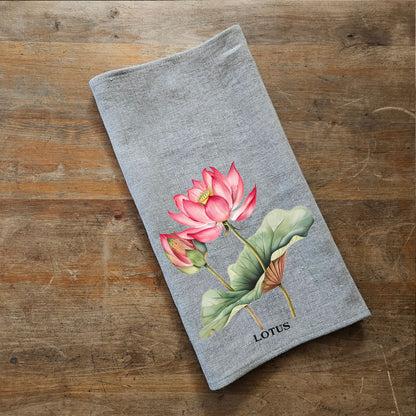 Lotus floral Tea Towel in linen, Botanical Hand Towels Tea in linen, pink flowers linen  Dish Towel  Kitchen Décor Tea Towel in linen