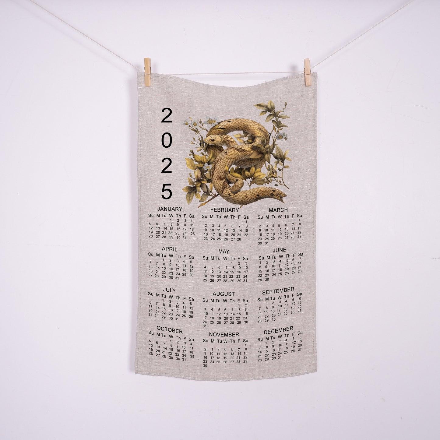 2025 Calendar Towel with year zodiac Snake in linen, linen tea towel with 2025 Calendar, linen guest towel 2025 Calendar