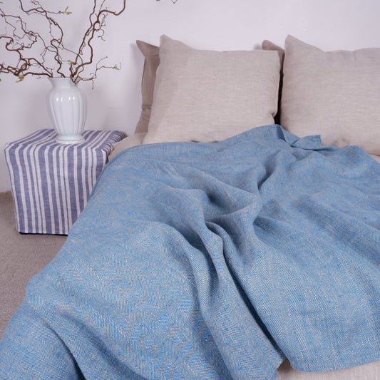 Blue Stonewashed linen Blanket, flax Bedspread - heavy weight huckaback linen bed cover - provence cottage coutrystyle Throw 100% Linen