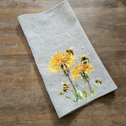 Dandelion Bumble Tea Towel in linen, floral Hand Towels Tea in linen, linen Dish Towel Kitchen Décor Tea Towel Flora Fauna yellow flower bee