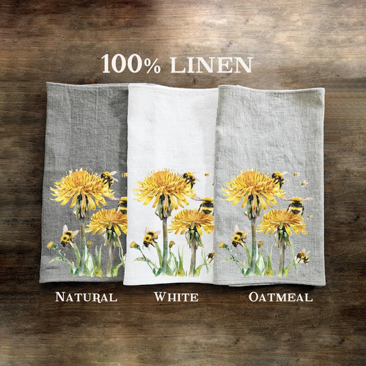 Dandelion Bumble Tea Towel in linen, floral Hand Towels Tea in linen, linen Dish Towel Kitchen Décor Tea Towel Flora Fauna yellow flower bee