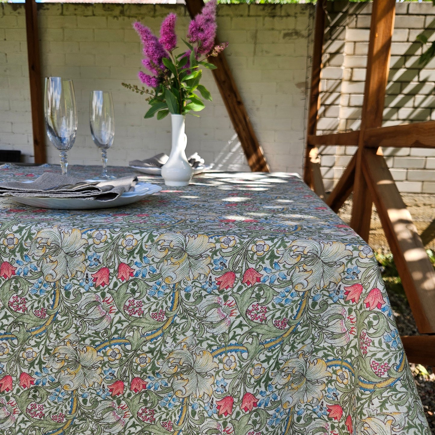Linen foral tablecloth with birds, william Morris golden lily tablecloth, arts and crafts movement tablecloth Victorian style golden lilly