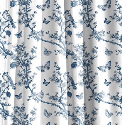 Designer blue Floral Linen curtains, indigo blue French Toile de joy curtain panel, Farmhouse Botanical printed curtains for living room