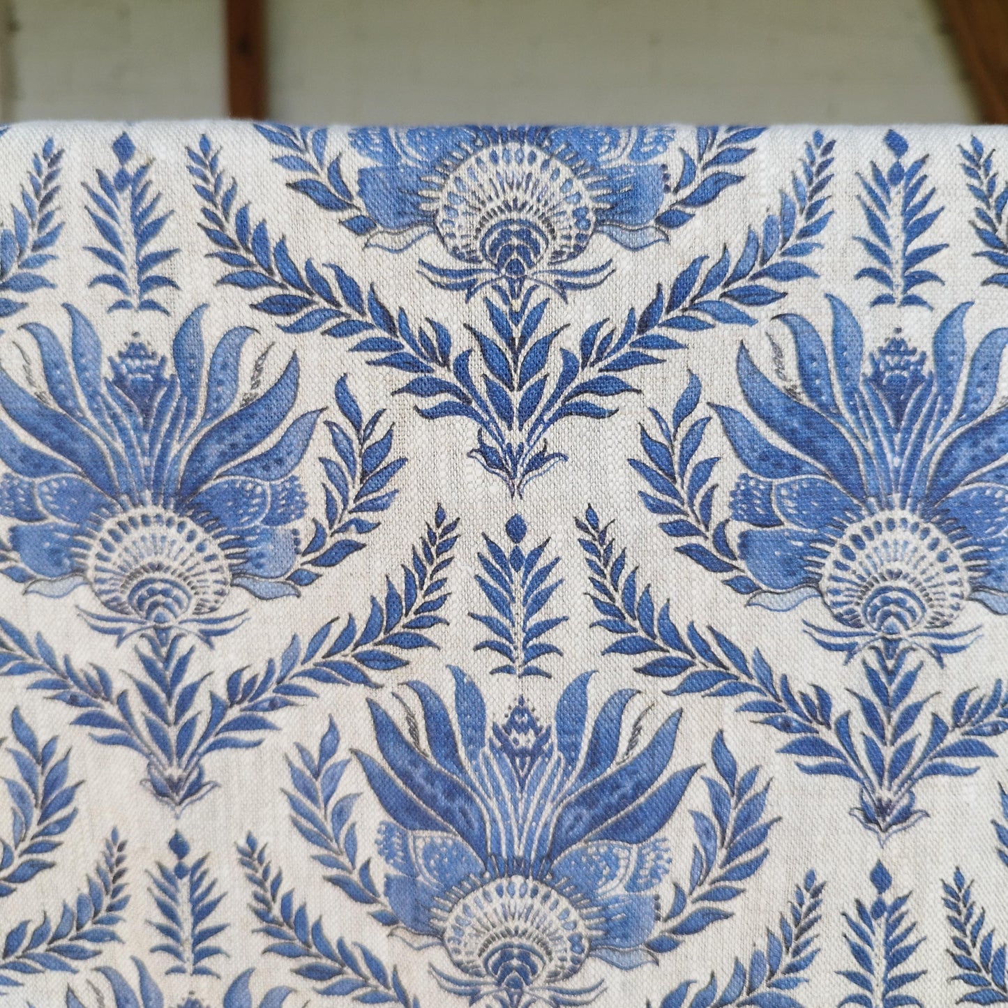 french block stamp print tablecloth in blue onnatural linen