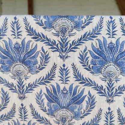 french block stamp print tablecloth in blue onnatural linen