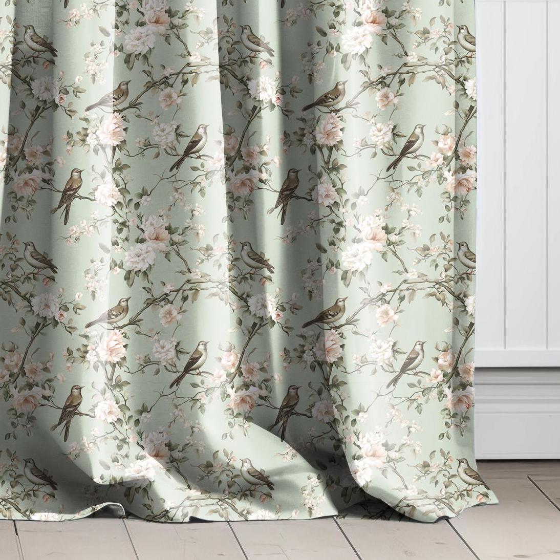 Curtains 100% Linen Toile de jouy Pale green Brids print PREWASHED - kitchen Living room farmhouse linen window panel