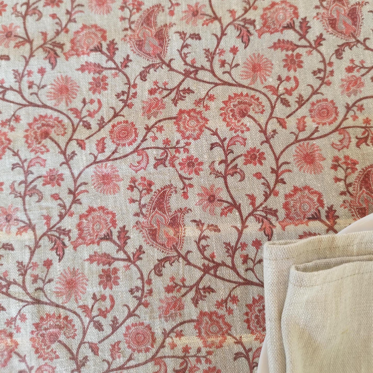 Linen floral tablecloth with red flowers, French Retro Vintage Vibe table cloth Bohemian Wildflower Pattern